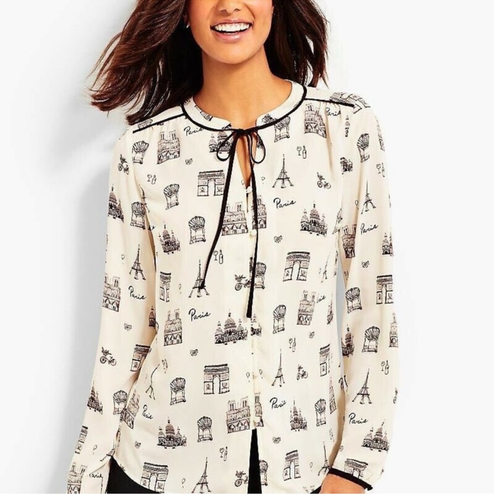 Talbots Women's Paris-print Tie-front Blouse